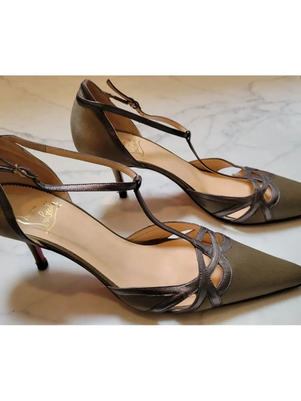 Christian Louboutin Rare Kitten Heels Brown Satin with Grey Leather Straps/Trim